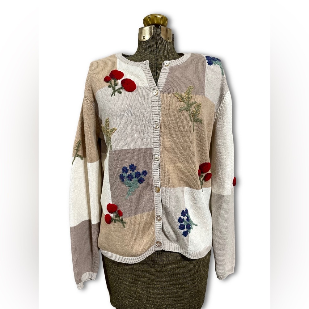 Vintage Talbots Floral Embroidered Cardigan Sweater 90s Granny Cottage Size S